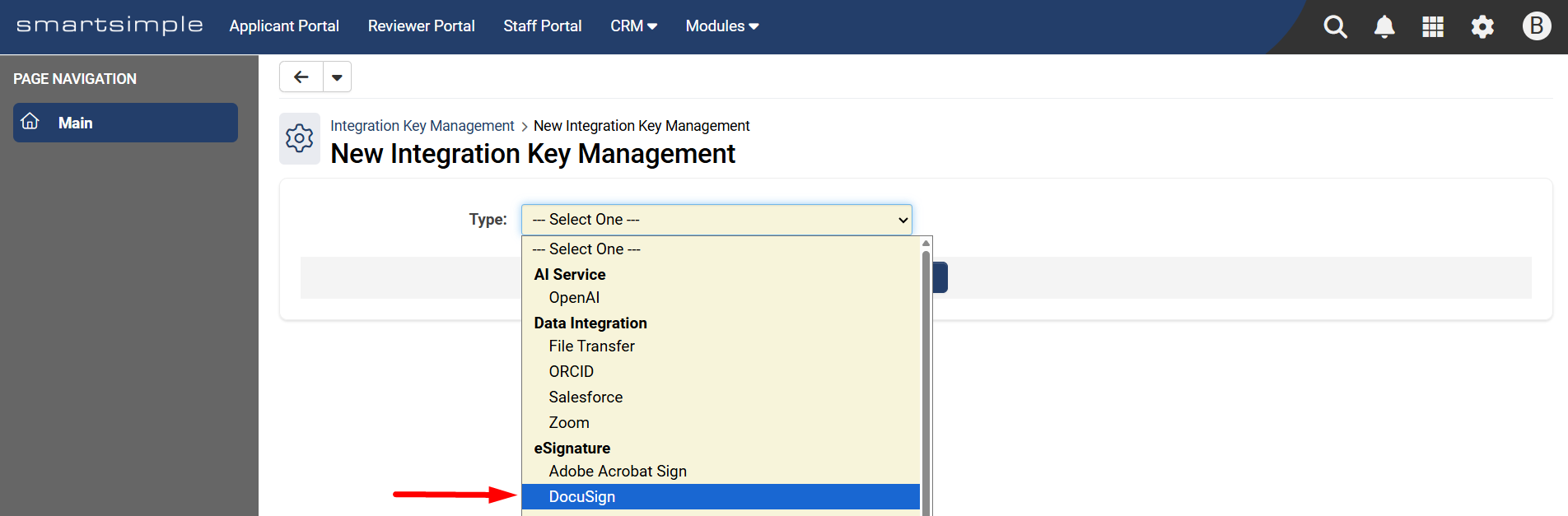 DocuSign in the drop-down menu