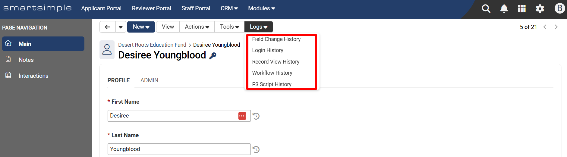 Log menu items on contact profile