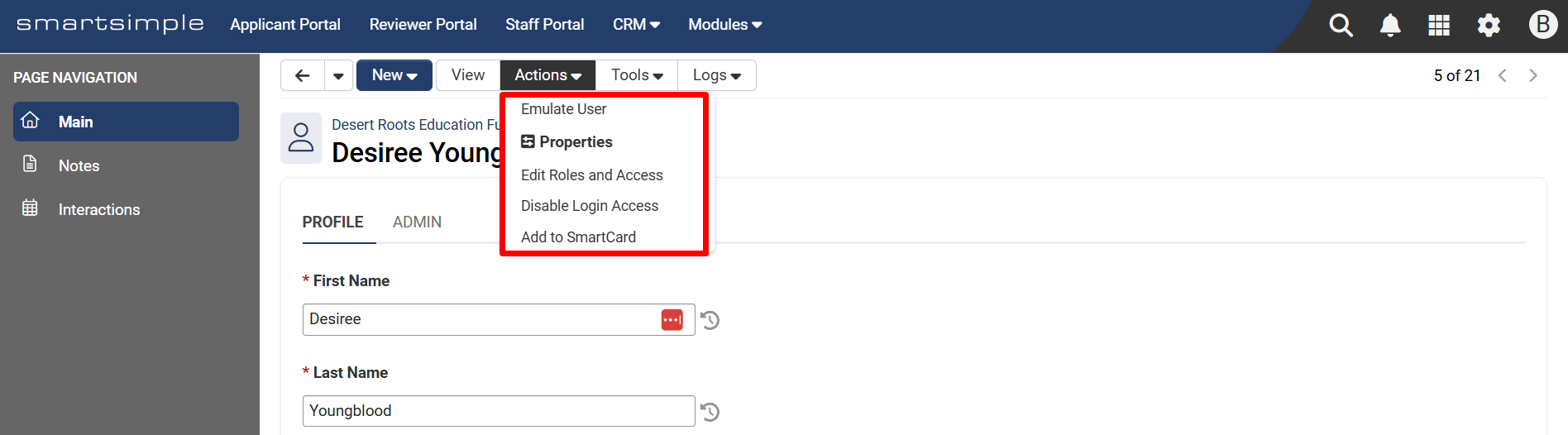 Actions menu items on contact profile
