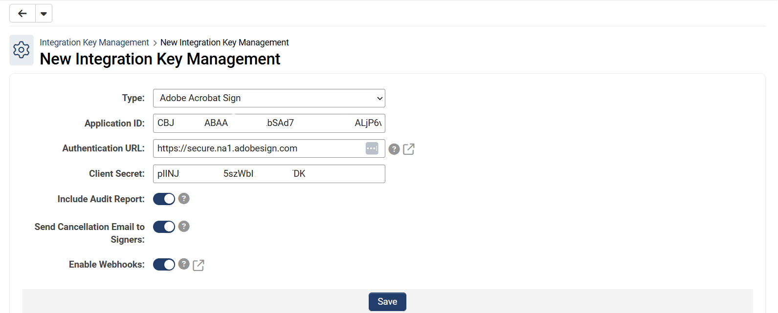 new integration key management page